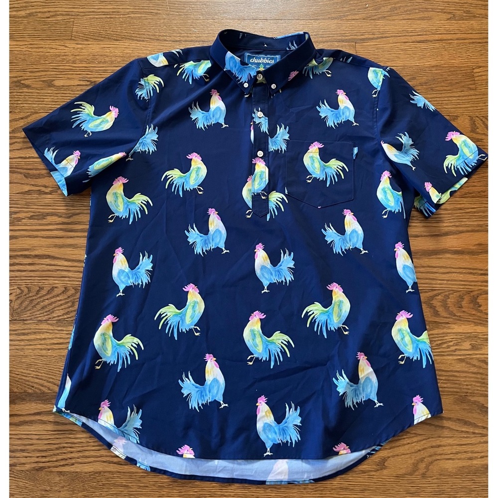 Chubbies Mens XL Navy Blue Rooster Print Popover Short Sleeve Button Down Shirt